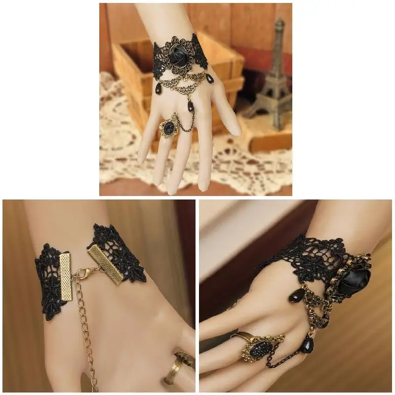 Retro Charm The Queen Fashion Victorian Dress Costume Gothic Black Rose Lace Lolita Bracelet Women Masked Ball Accessories