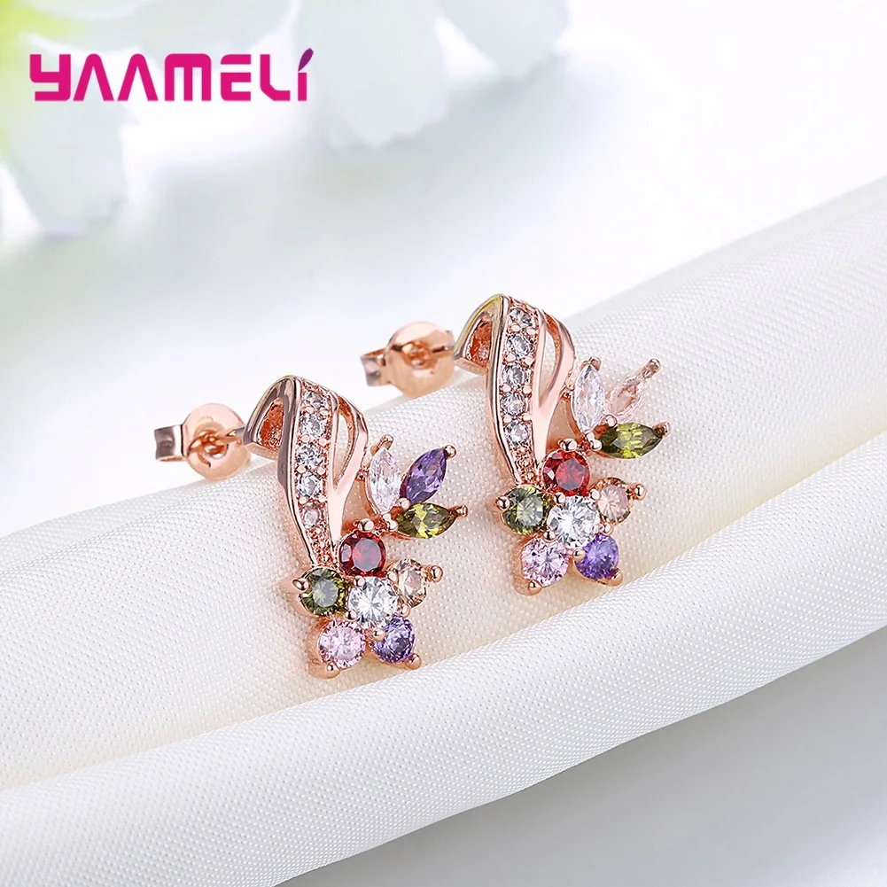 Luxury Rose Gold Color Multicolor Cubic Zirconia Stud Earrings for Women Bridal Wedding Party Ear Piercing Jewelry Gifts