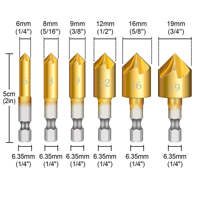 6 STÜCKE 5 Flöte Fase Senker 1/4 "Sechskantschaft HSS 90 Grad Holz Anfasen Cutter Fase 6mm-19mm Senker Bohrer