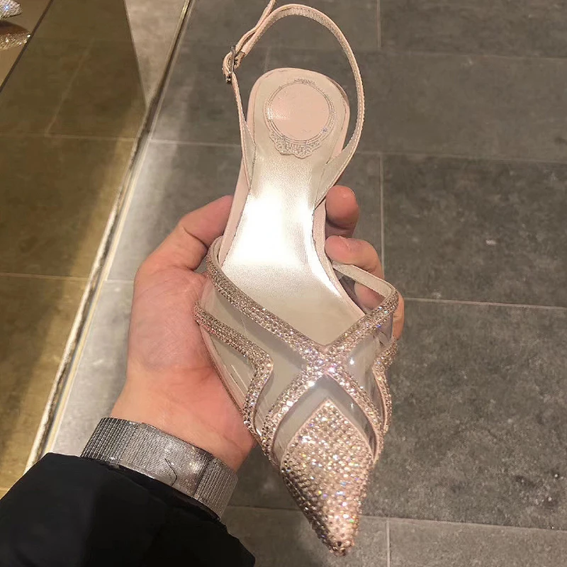 2023 nowy Rhinestone Pointed Toe kobiety sandały moda Sexy na cienkim obcasie kobiet buty letnie pasek z klamrą wygodne buty kobiet