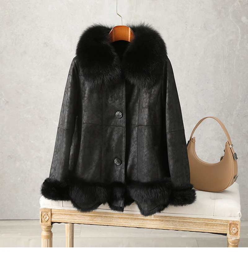 2021 New Whole Skin Rabbit Fur Overcoat one piece Double Face Fur Jacket Female Short Fox Fur Collar Coat Fashion Winter Warm