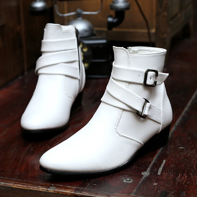 VUSUVON Fashion Men Spring Autumn Pointed Toe Height Increase Chelsea Ankle Boots Western High Top Casual Shoe PU Leather
