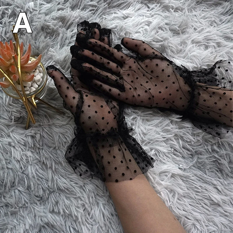 

Women's Short Tulle Gloves Stretchy Lace Spots Lotus Leaf Sheers Flexible Full Finger Black Sexy Sunscreen Anti-UV Mittens