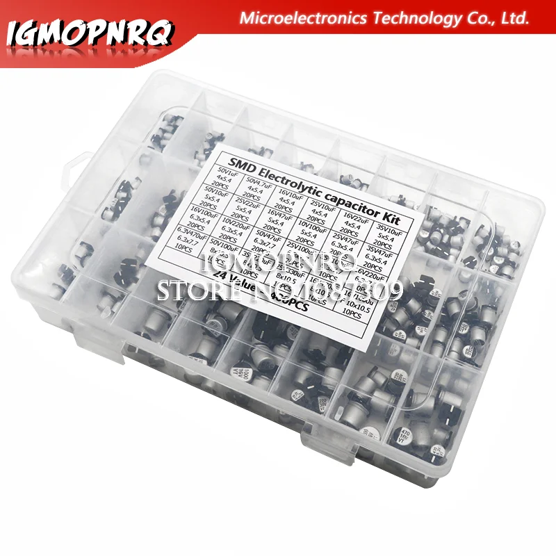 

1uF~1000uF 6.3V-50V 400PCS 24Value SMD Aluminum Electrolytic Capacitors Assortment Kit + Box