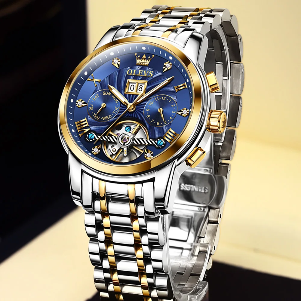 OLEVS Luxury Watches For Men Automatic Watch Waterproof Stainless Steel Mechanical Watches Gift Box Luminous Male Wristwatch