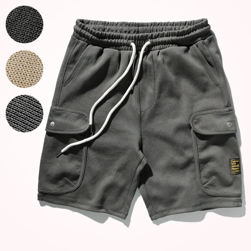 2021 Summer New Cargo Shorts Men\'s Fashion Capris Pure Cotton Knitted Multi-pocket Drawstring Casual Knee Length Sweatpants