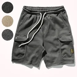 2021 Summer New Cargo Shorts Men's Fashion Capris Pure Cotton Knitted Multi-pocket Drawstring Casual Knee Length Sweatpants