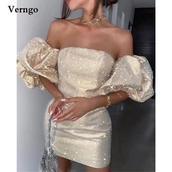 Verngo Women Beige Cocktail Party Dresses Short Puff Sleeves Strapless Mini Formal Prom Gowns Sexy Occasion Event Dress