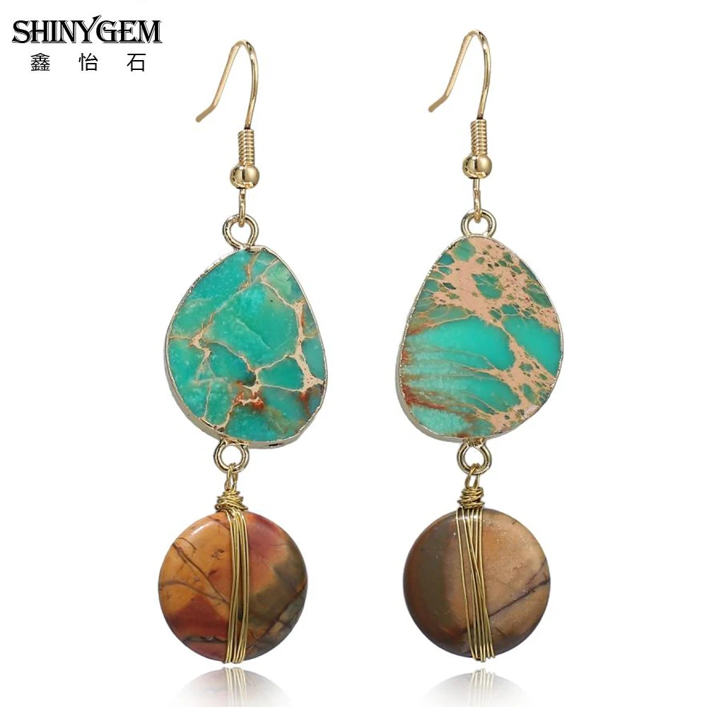 

ShinyGem Bohemia Natural Sea Sediment Imperial Gold Wire Winding Beads Long Drop Dangle Jasper Stone Earrings For Women