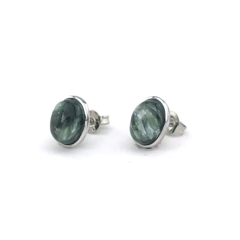 CSJ Simple Natural Seraphinite Earring Sterling 925 Silver Gemstone Russian Charoite 6*8mm for Women Birthday Party Jewelry Gift