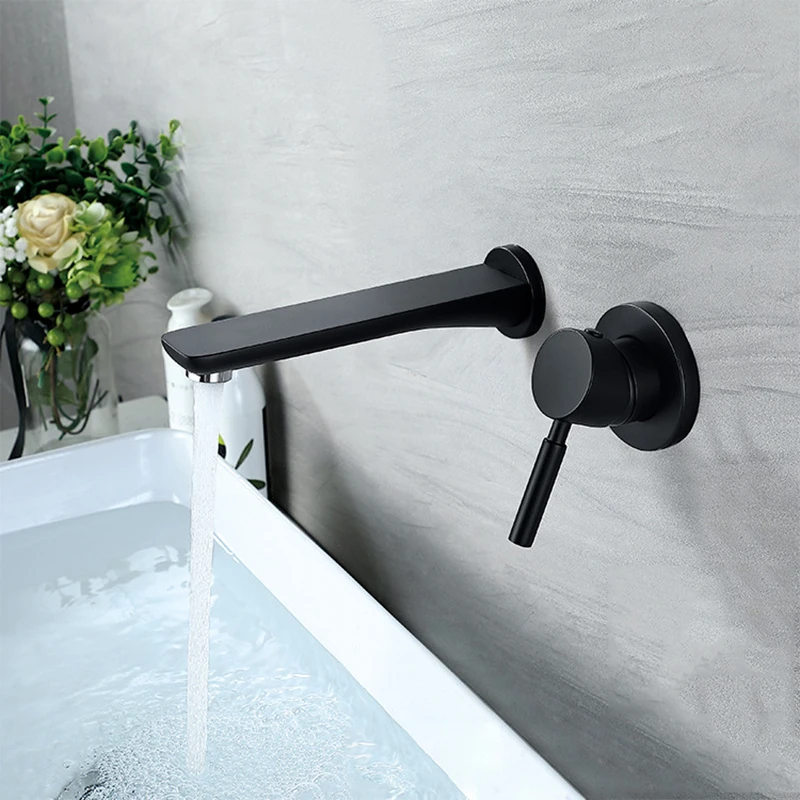 

Basin Faucet Mixer Black Brass In-Wall Bathroom Sink Faucets Wall Mounted Cold and Hot Vanity Sink Crane Concealed Taps Set