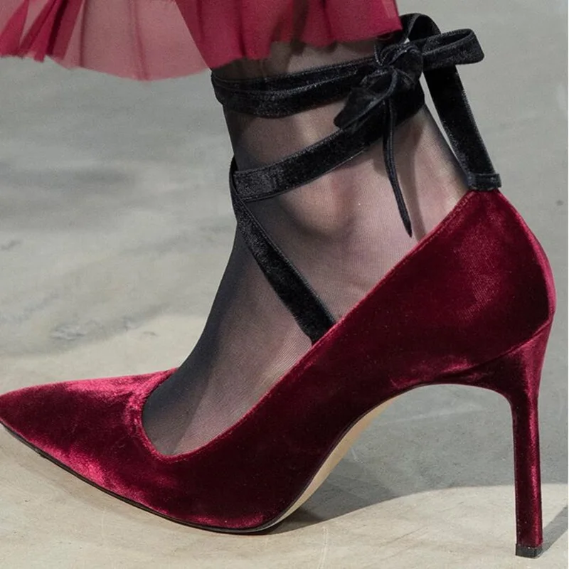 

Burgundy Velvet High Heel Pumps Ankle Wrap Lace-up Pointed Toe Dress Shoes Slip-on Stiletto Heels Shallow Shoes Drop Ship