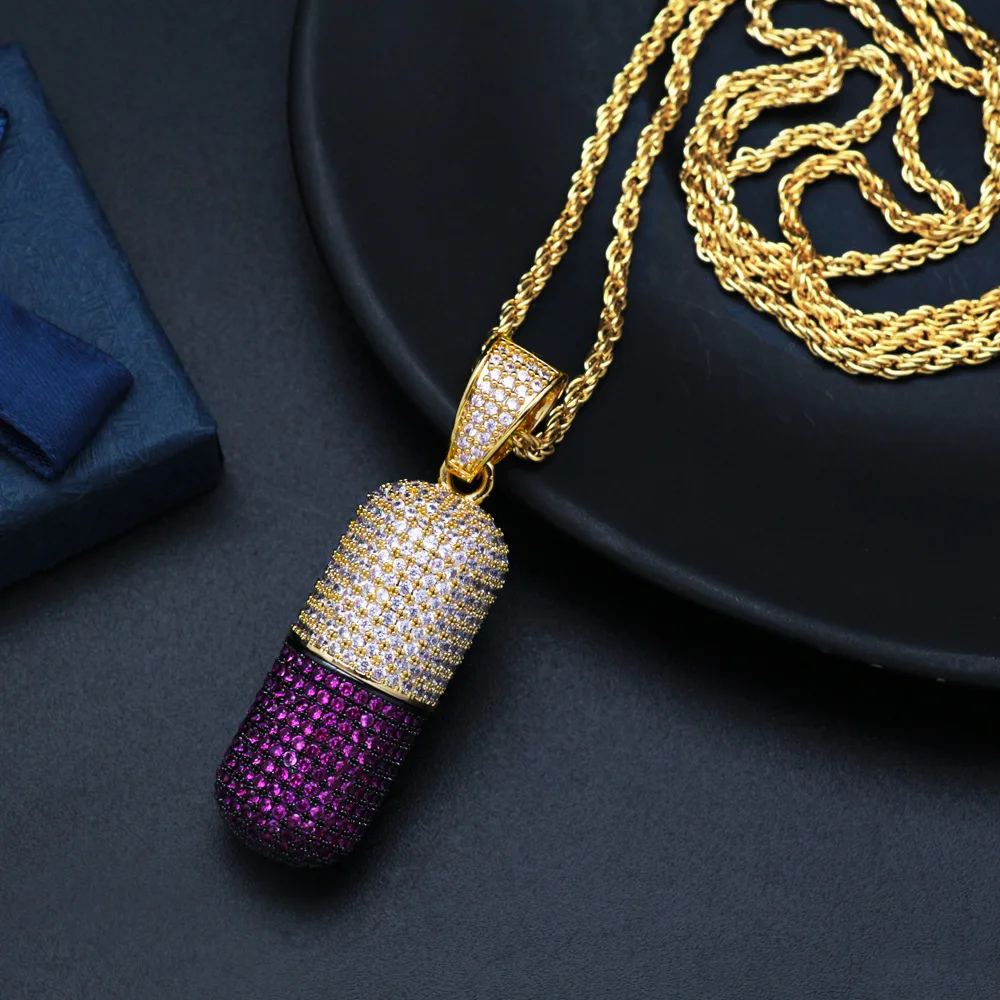 Rock Hip Hop Iced Out Full Cubic Zircon Rope Chain Pill Personality Capsule Pendant & Necklace for Men Jewelry Necklace Choker