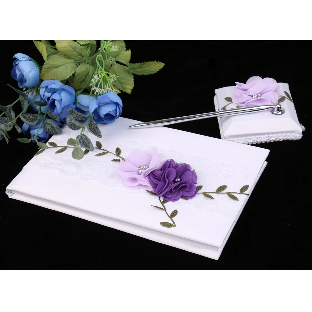 White Satin Purple Floral Wedding Guest Signing Book Signature Book Reception Desk Supplies