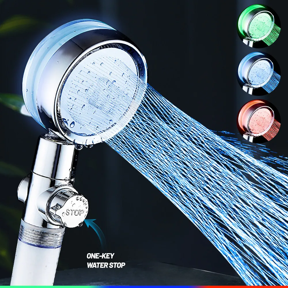 3 Colors LED Temperature Control Water Saving Flow 360 Degrees Rotating with Stop Button and Cotton Filter  Handheld Shower Head