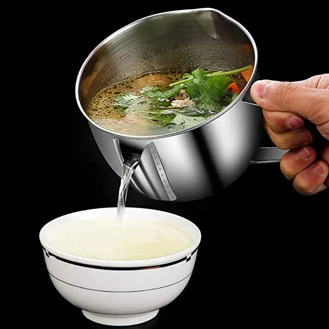 304 Stainless Steel Oil Fat Separator Bowl，Oil Filter Soup Bowl with Handle Multi-use Grease Oiler Filter Reduce Fat Intake