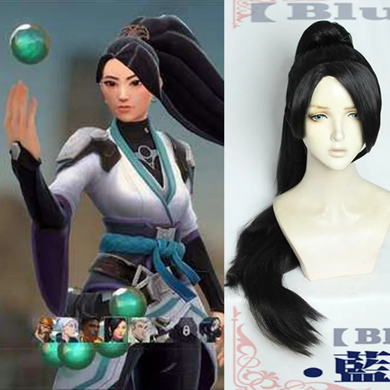 Game Valorant Sage Cosplay Wig Halloween Role Play Costume Party Black Hair 80cm Chip Ponytail + Wig Cap