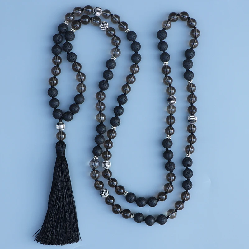 EDOTHALIA 8mm Nature Lava Stone Bead Yoga Mala Necklace Meditation Citrin e Beads Hand Knotted Necklace For Wmen Girls