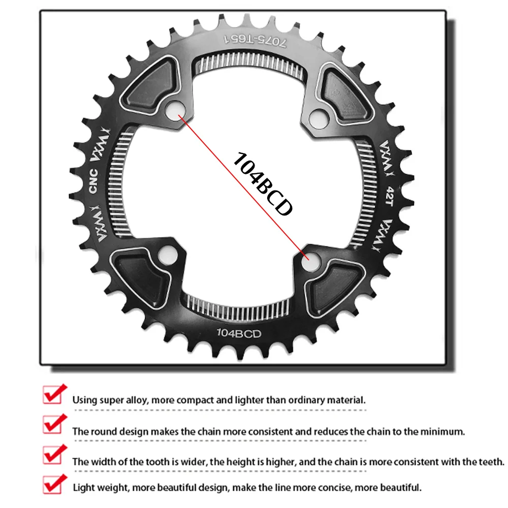 VXM Round Narrow Wide Chainring Mountain bike bicycle 104BCD 40T 42T crankset Tooth plate Parts 104 BCD Chainwheel Bicycle Parts