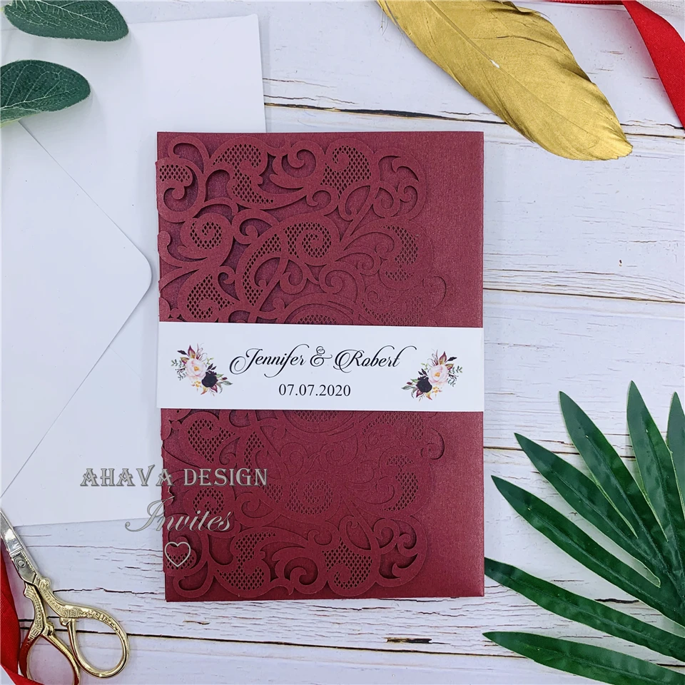 Modern Burgundy Tri-fold Laser Cut Wedding Invitations With Special Belly Band And RSVP card, Free Design