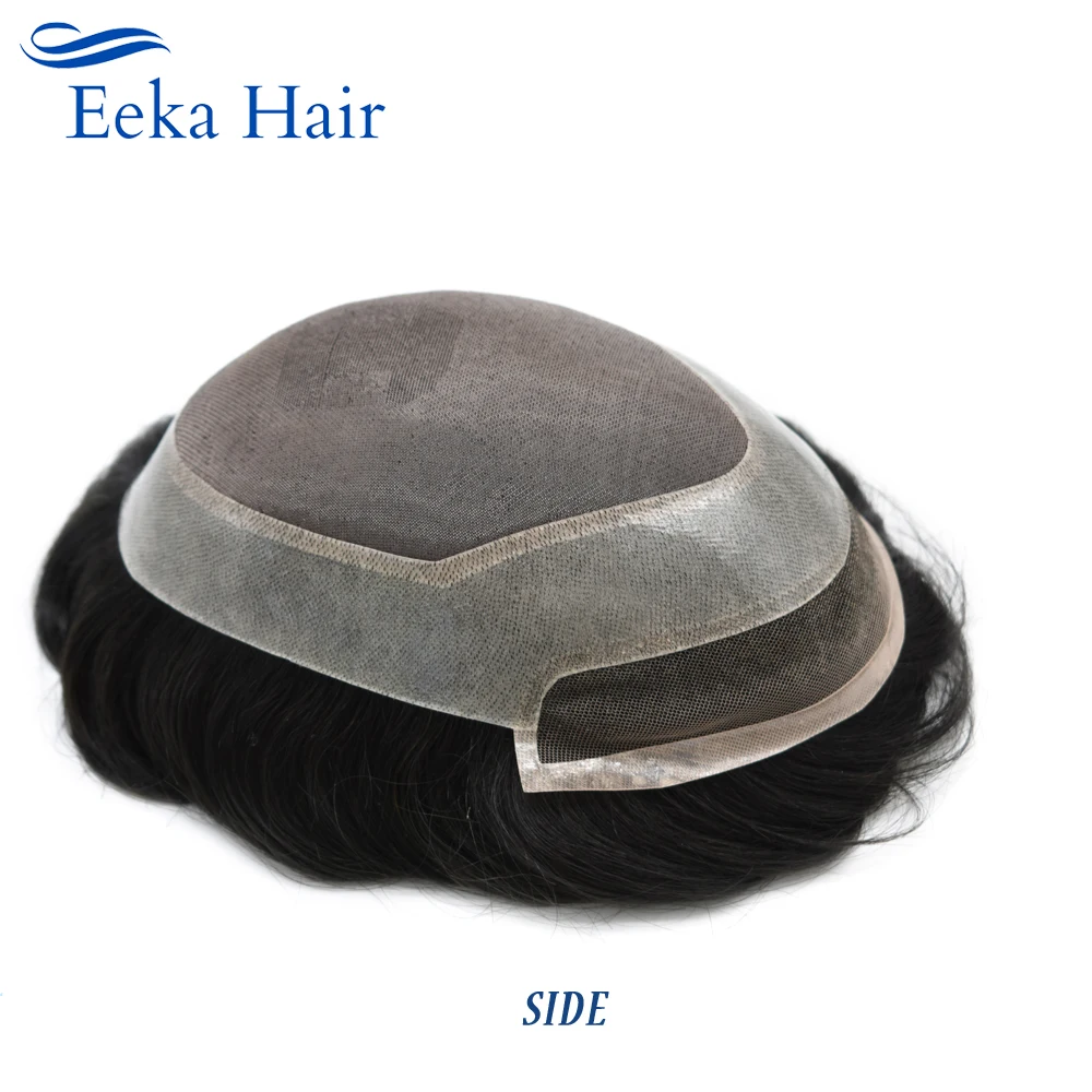 Eeka Hair Men Toupee Lace Front Bleached Knots Hairpiece Off Black Medium Density India Remy Hair 6x8