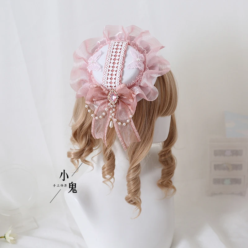 Fascia per capelli originale copricapo in pizzo con fiocco rosa fumo Lolita KC fascia rosa