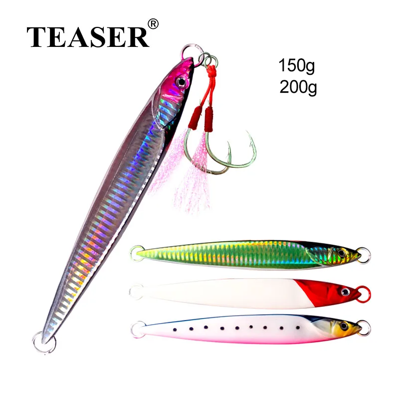 TEASER 150g 200g Hard Metal Jigs Slow Sinking Glow Fishing Jigs Japan Laser Artificial Saltwater Lure Sea Jig With Assist Hooks