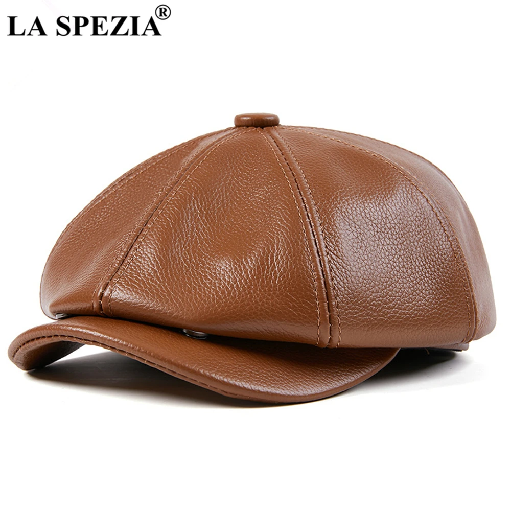 LA SPEZIA Genuine Leather Newsboy Cap Men High Quality Octagonal Hat Autumn Winter Beret Real Cowskin Flat Cap