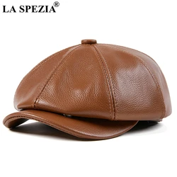 LA SPEZIA-gorro octogonal de cuero genuino para hombre, boina plana de piel de vaca Real, alta calidad, Otoño e Invierno