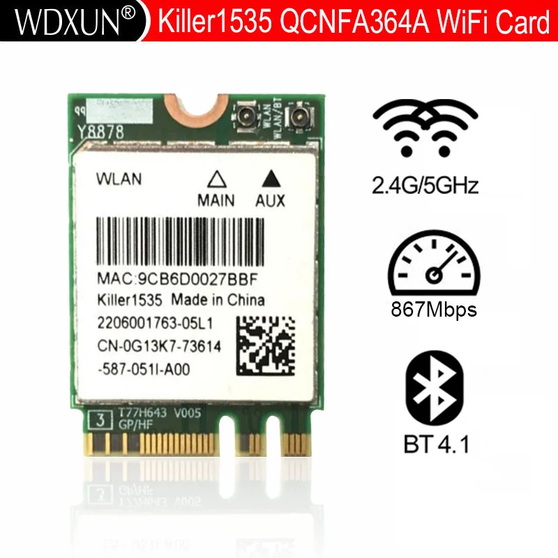 Killer-Adaptador de tarjeta WIFI 1535 1525 QCNFA364A AC M.2 NGFF para MSI GT72/GS60/GE62/GE72/PE60/PE70 para Dell Alienware