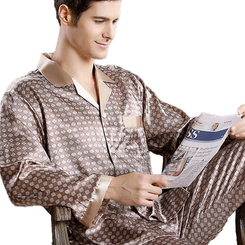 

High Quality Silk pajamas paisley Men long-sleeved shirt + trousers two pieces Sleepwear Set Plus Size Pyjamas home clothes Male