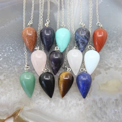 Natural Stone Quartz Tiger Eye Healing Water Drop Pendulum,Reiki Healing Plated Divination Cone Crystal Pendant Necklace Jewelry