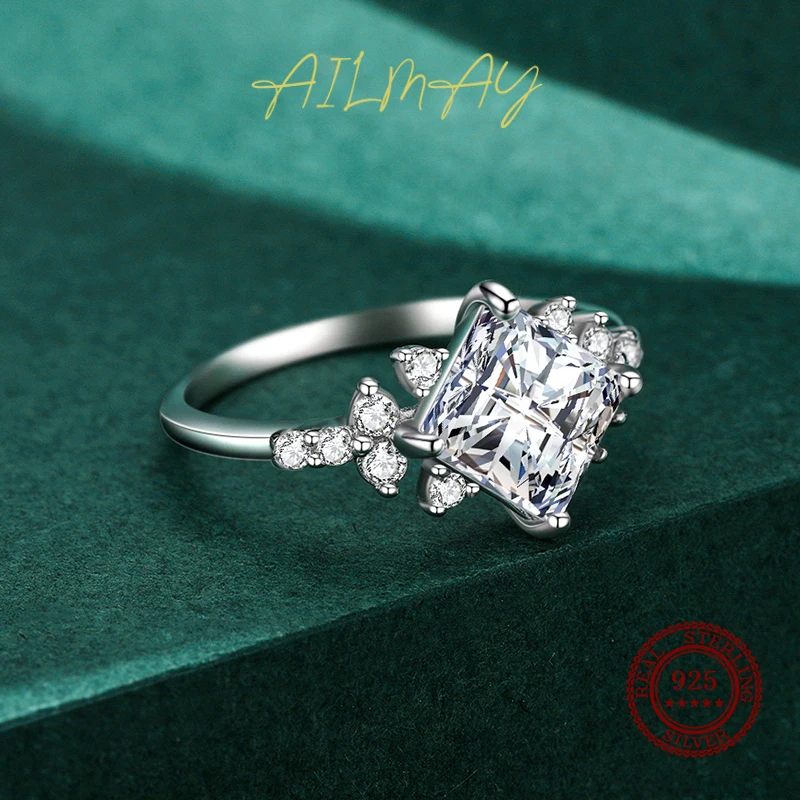 Ailmay Real 925 Sterling Silver Elegant Romantic Princess Square AAAAA Dazzling CZ Rings For Women Luxury Wedding Jewelry Gift