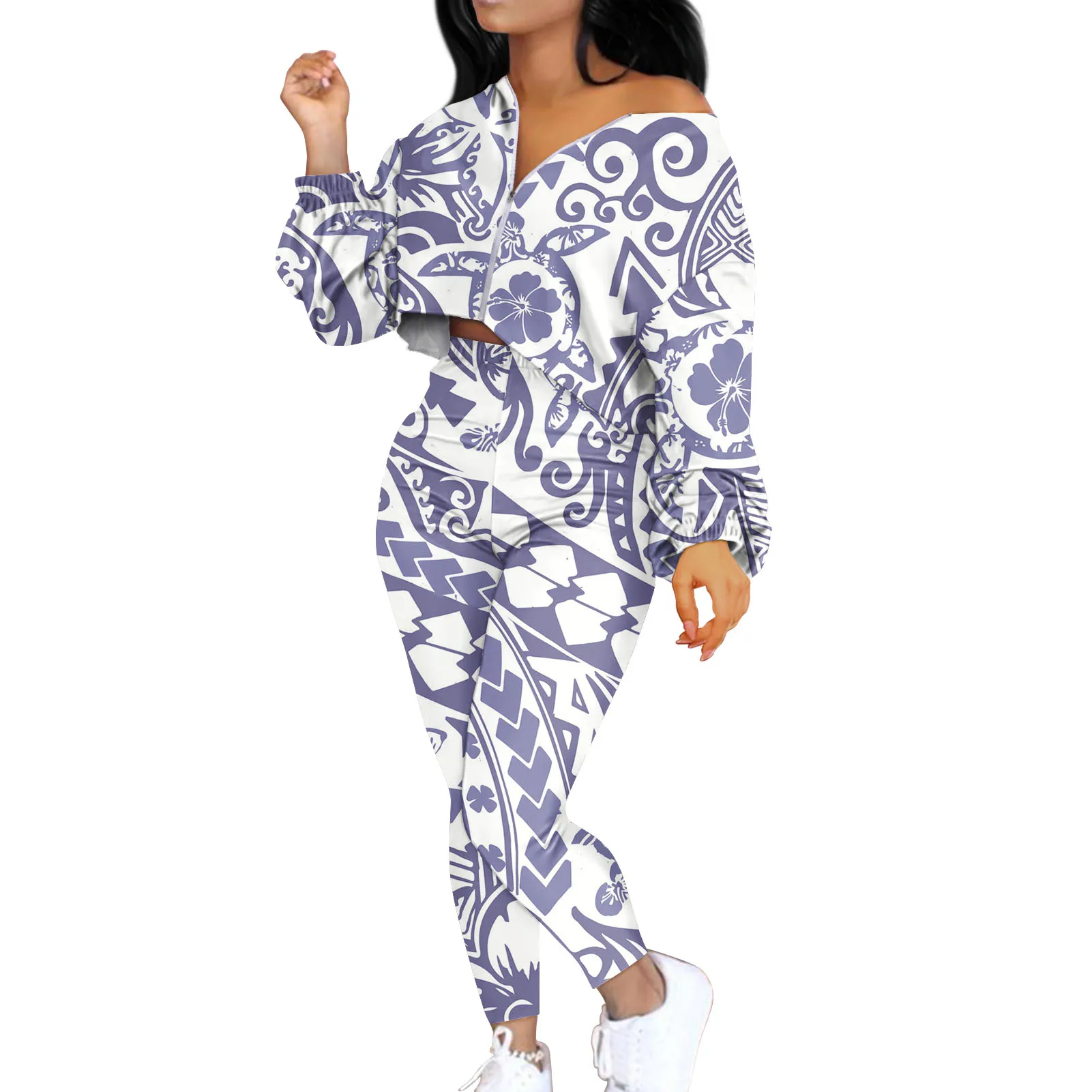 2021 New Design Polynesia Tribe Hawaii Multi Pattern Design Extra size Women's Wear 2 Suit Loose Zip Baring Top Sportswear