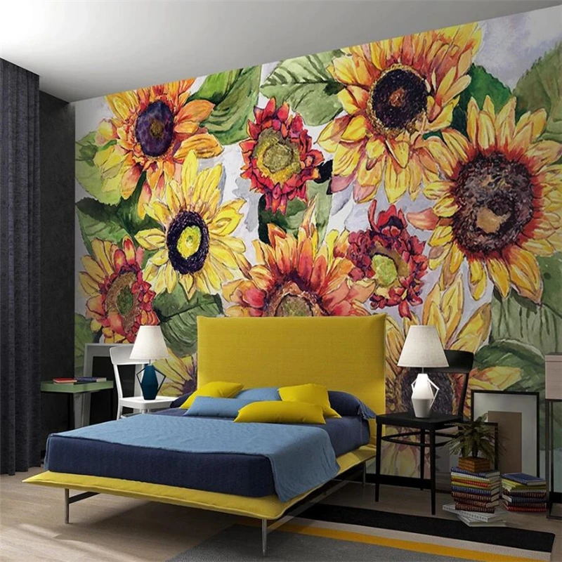 

wellyu Customized large mural fashion home improvement retro hand drawn oil painting style sunflower background wallpaper