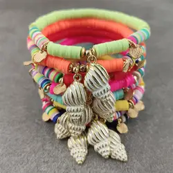 Boho elastyczne dyski winylowe koralik Stretch Conch bransoletka para Rainbow rurowy Heishi bransoletka dla kobiet mężczyzn lato plaża Bijoux