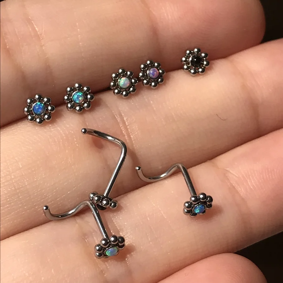 1Pc Opal Nose Piercing Ring 3 Shape L Shape Bone Twist Stainless Steel 0.8mm 20G Flower Nose Studs Piercing Body Jewelry
