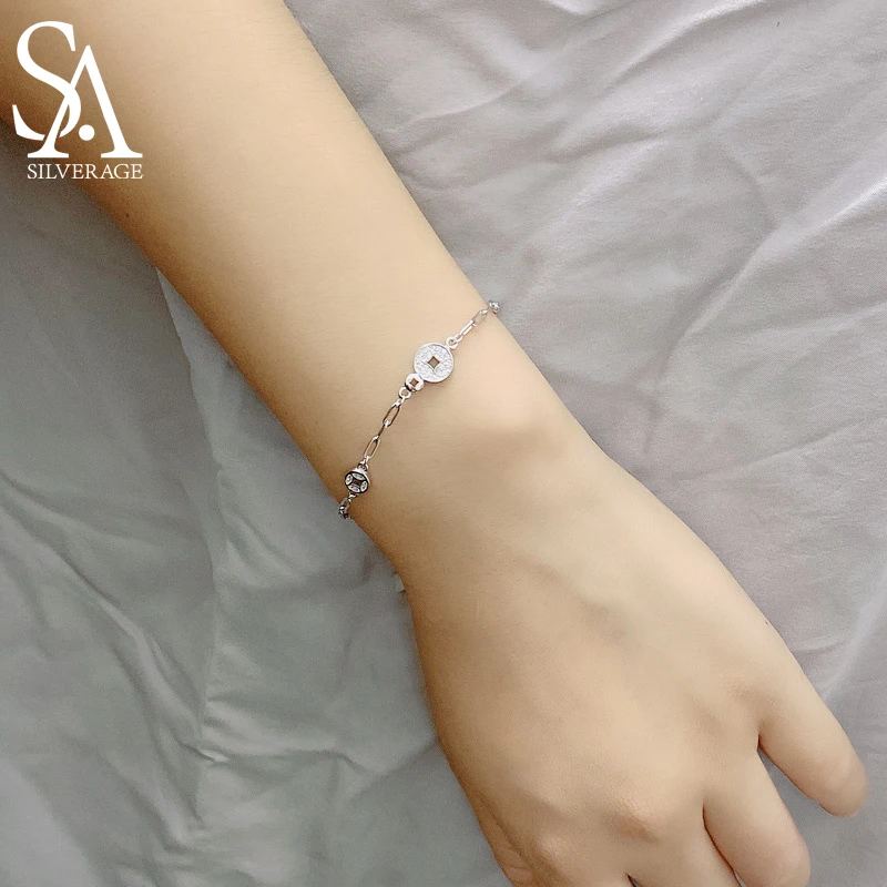 

SA SILVERAGE Niche Design Retro Copper Coin Lucky Hand Jewelry Sent To Girlfriend Bracelet Female 925 Sterling Silver National