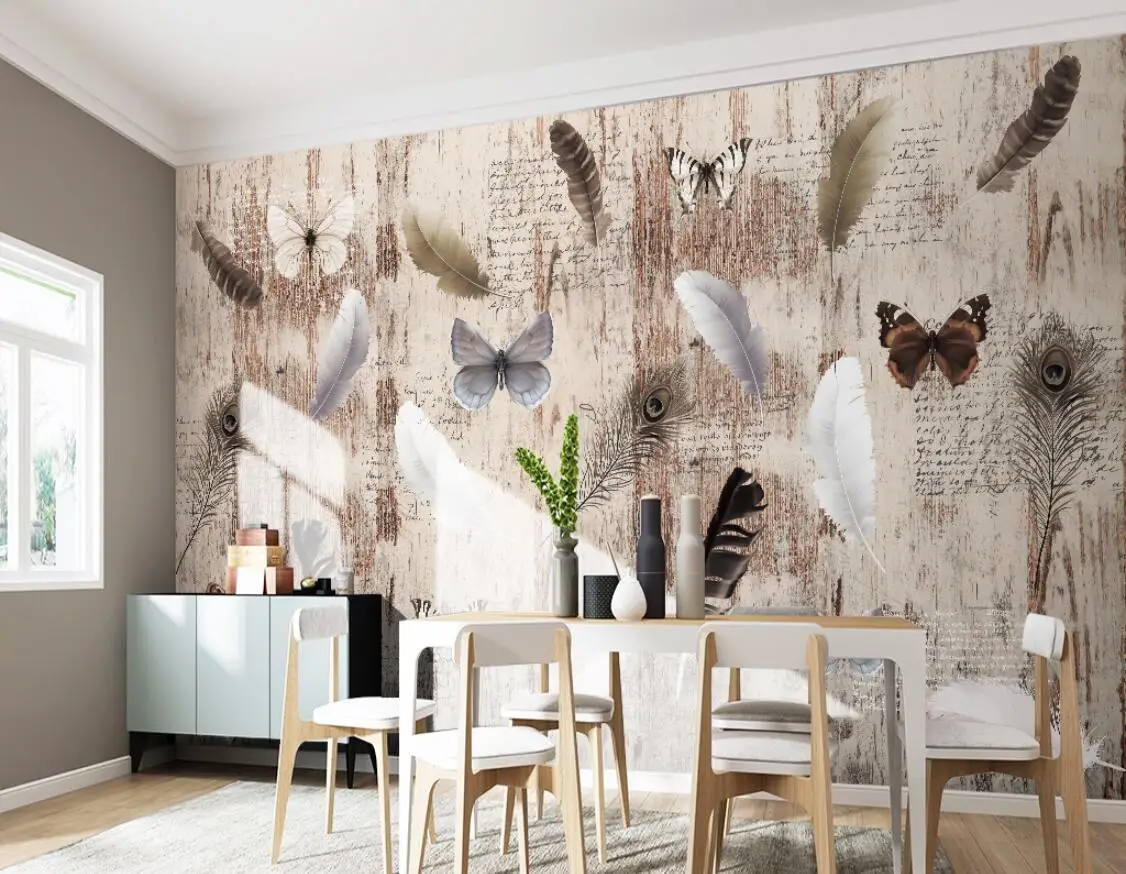 

Nordic style feather butterfly retro wood plank wood grain TV background wall mural home decoration custom mural 3d wallpaper