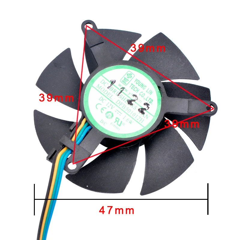 • Diametro 47mm, passo foro 39mm, DC12V 1.6W, 4 linee, ventola di raffreddamento per scheda grafica in lamiera di alluminio con raffreddamento del router morbido