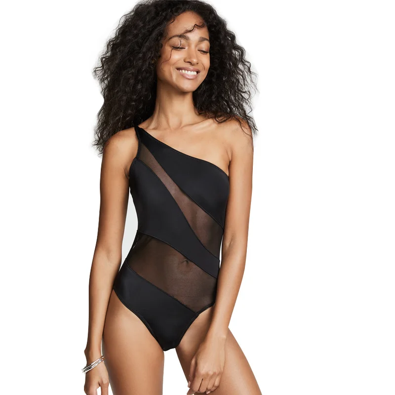 Sexy Black One Piece Swimsuit Solid Mesh Swimwear Female Summer Swimming Suit Beachwear Bathing Suits Monokini Swimsuits