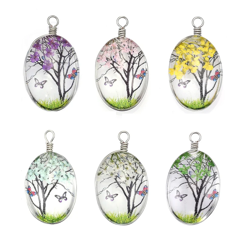 10pcs Wholesale Cabochon Glass Ball Dried Flower Tree Pendant Charms for Necklace Earring Making Diy Jewelry Findings