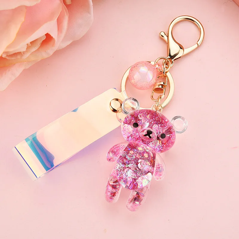 Bonito líquido glitter urso areia movediça lantejoulas chaveiro dos desenhos animados animal líquido chaveiro saco pingente casais keyfob chaveiro