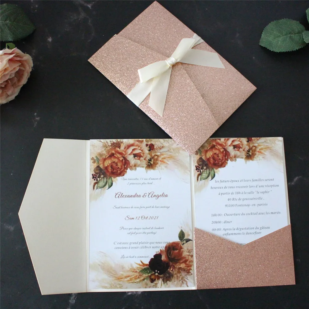 

50PCS Blank Rose Gold Glitter Wedding Invitations With Envelopes 4.9 X 7.2 Inch Pocket With Ivory Ribbon Customized Printing