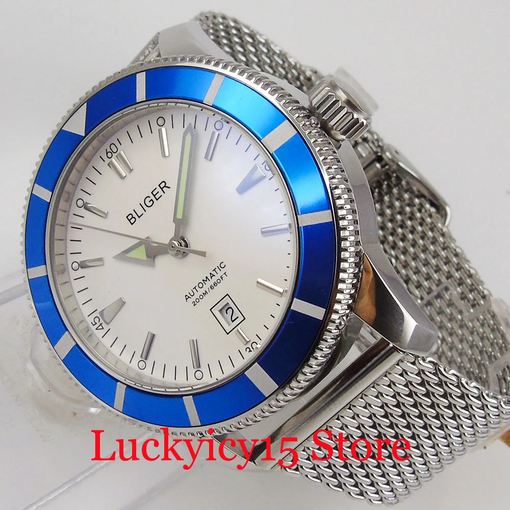 

BLIGER White 46mm Men Watch MIYOTA Movement Mental Band Date Window Rotating Bezel