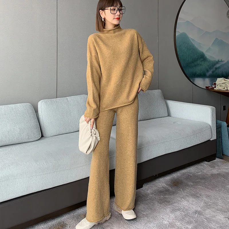 Women Candy Color Thick Knitted Turtleneck Pullover And Wide Leg Pants Two Piece Sets Korean Chic Big Size Sweater Tracksuit