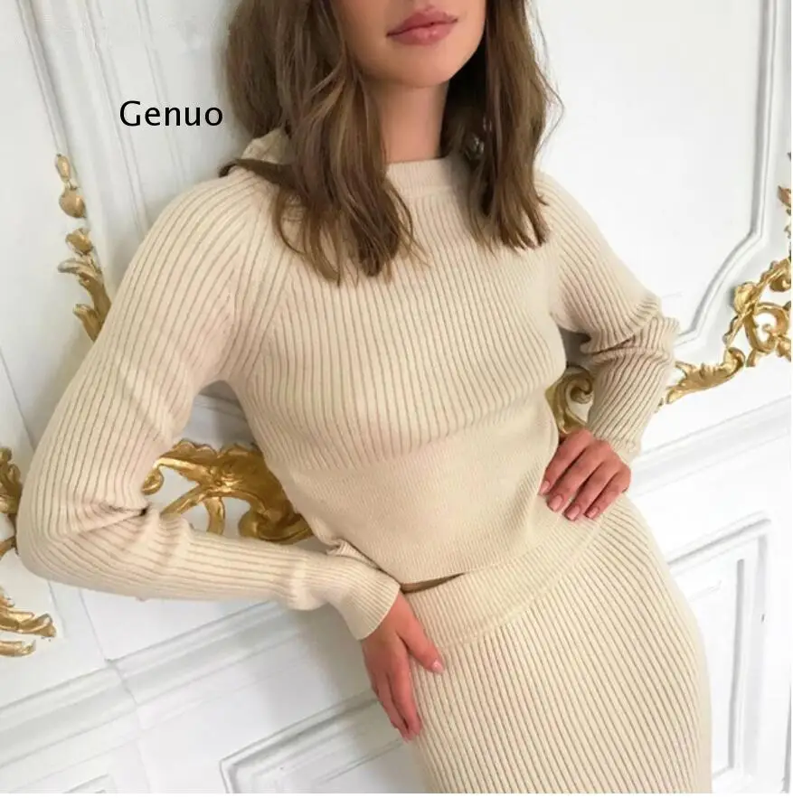 Женский вязаный комплект из пуловера и юбки, элегантный свитер приталенного силуэта, осень женские короткие топы