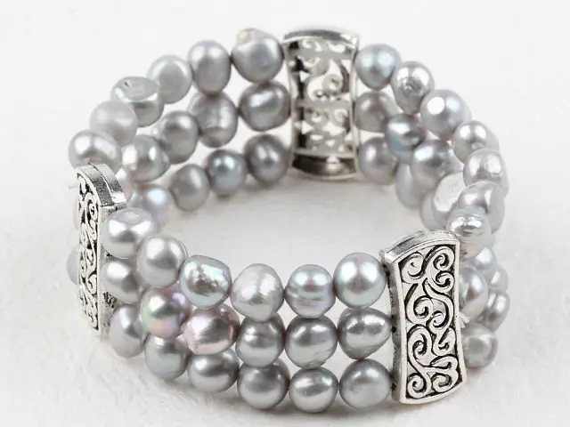 Classic Design Three Strands Grey Freshwater Pearl Bangle - Women Bracelet