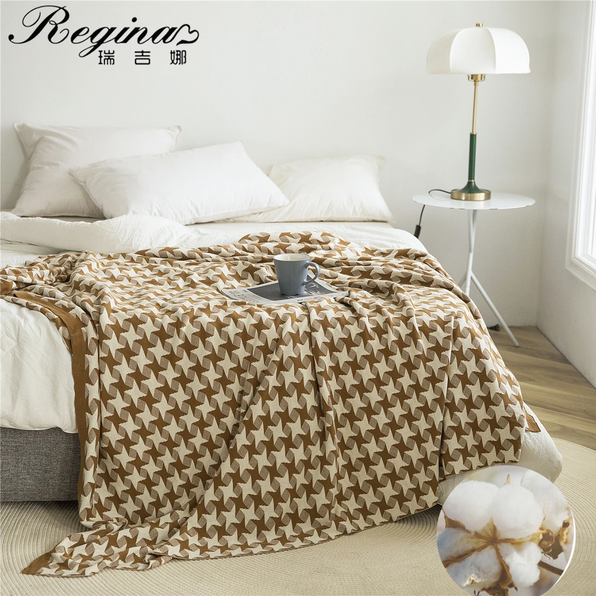 REGINA 3D Illusion Shuriken Plaid Bedspread Cotton Home Decorative Soft Cozy Knitted Bed Flat Sheet Sofa Cover Throw Blanket