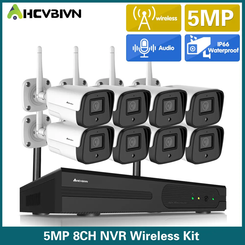 

AHCVBIVN 8CH 5MP Wireless Video Camera System Outdoor 5MP Audio Record Wifi IP Camera P2P Security CCTV Surveillance NVR Kit